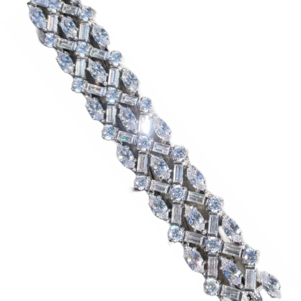 Diamonique cluster Baguette, Marquise, Round Bracelet.Vintage SS